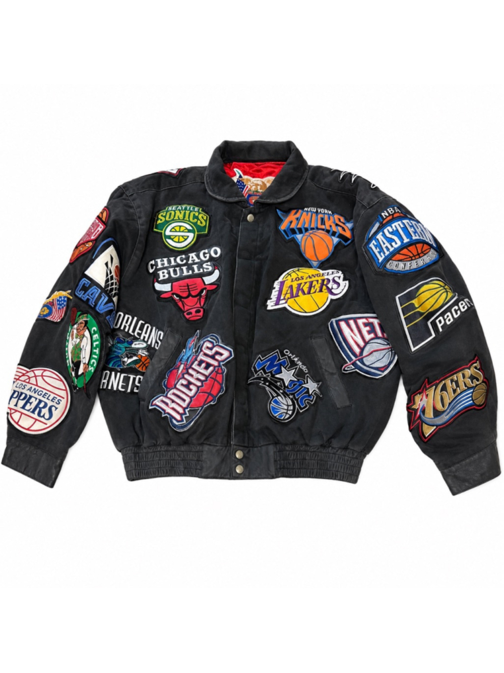 Vintage Jeff Hamilton NBA Patch Leather Bomber Jacket XL Rare Y2K Streetwear - Picture 3 of 16
